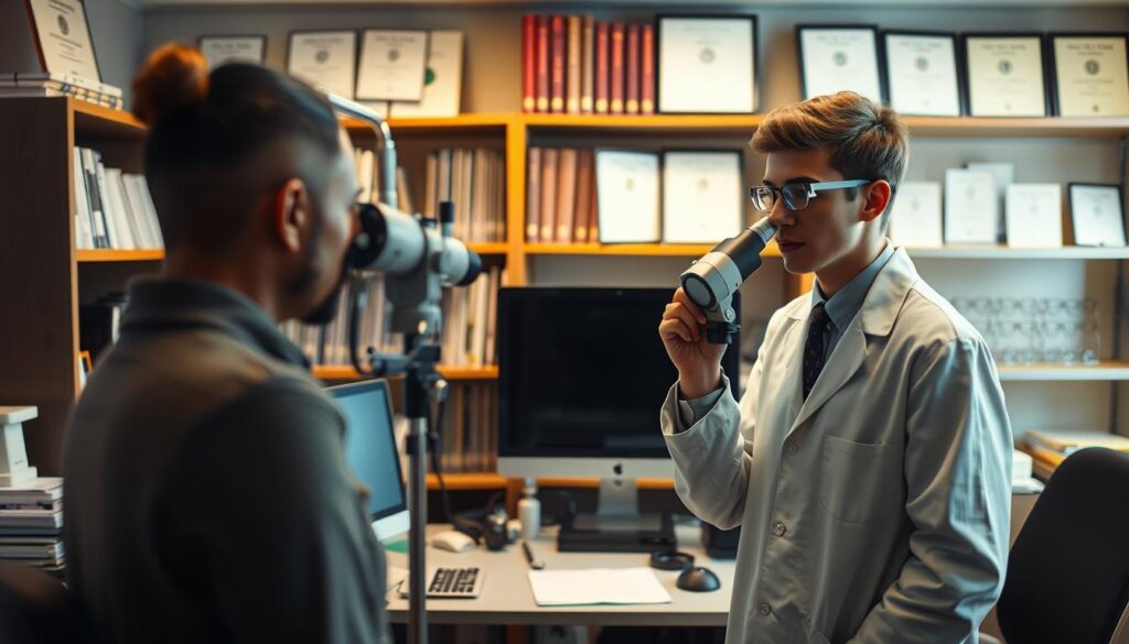 A dimly lit, professional office setting. In the foreground, a young optometrist in a white lab coat stands examining a patient's eyes with a slit lamp. Behind them, a display of various eyeglass frames and lenses. The middle ground features a desk with a computer, alongside medical equipment and reference materials. In the background, shelves filled with books and diplomas hint at the rigorous education and training required for this career. Warm lighting casts a contemplative mood, suggesting the intellectual challenge and dedication inherent in the optometrist's path.