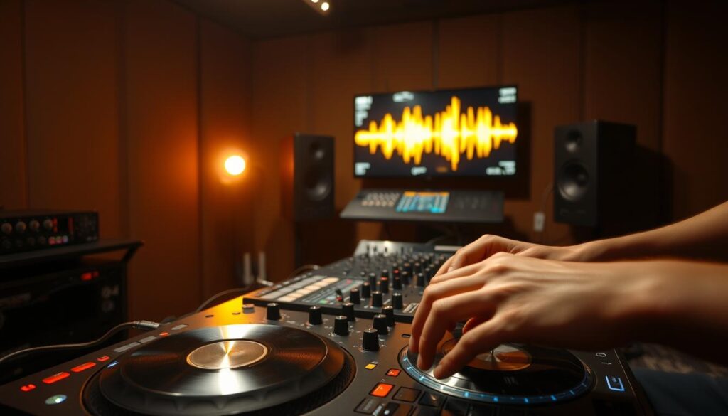 A dimly lit recording studio, filled with the warm glow of analog equipment. In the foreground, a DJ's hands gracefully manipulate the controls of a turntable, their movements precise and deliberate. The middle ground features a sleek, modern mixer, its knobs and faders inviting the user to create a seamless blend of tracks. In the background, a wall-mounted display showcases a music visualization, the pulsing rhythms and undulating waveforms reflecting the energy of the performance. The overall atmosphere is one of focus, dedication, and the pursuit of the perfect mix, capturing the essence of the journey to becoming a skilled DJ.