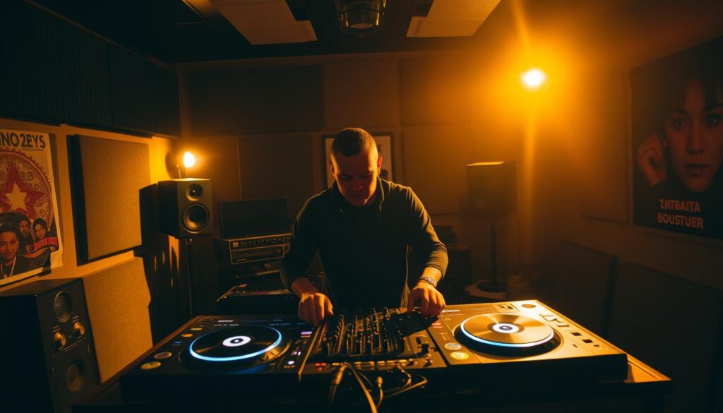 A dimly-lit recording studio, with a DJ booth at the center. The booth is bathed in warm, golden light, creating a cozy and inviting atmosphere. In the foreground, a DJ stands behind the turntables, their hands expertly manipulating the controls, their body language conveying a deep focus and passion for their craft. The background is filled with a mix of high-tech equipment, soundproofing materials, and a few inspirational posters or artwork, suggesting a space where creativity and technical prowess converge. The overall scene captures the essence of a DJ's work environment, highlighting the skills, dedication, and suitability required for this dynamic profession.
