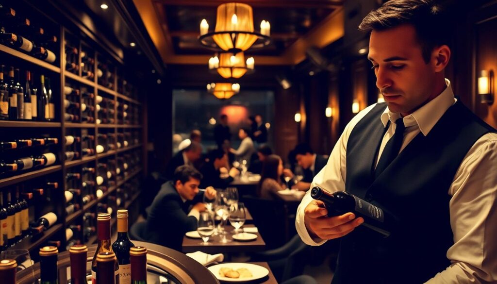A dimly lit restaurant interior, with a well-stocked wine cellar and sommelier's station in the foreground. A sommelier in a crisp white shirt and black vest carefully inspects a bottle, their expression focused and attentive. In the middle ground, guests seated at intimate tables engage in lively conversation, savoring exquisite dishes paired with the sommelier's expertly curated wine selections. The atmosphere is one of refined elegance, the sommelier's deep knowledge and passion for wine palpable, creating an immersive and unforgettable dining experience.