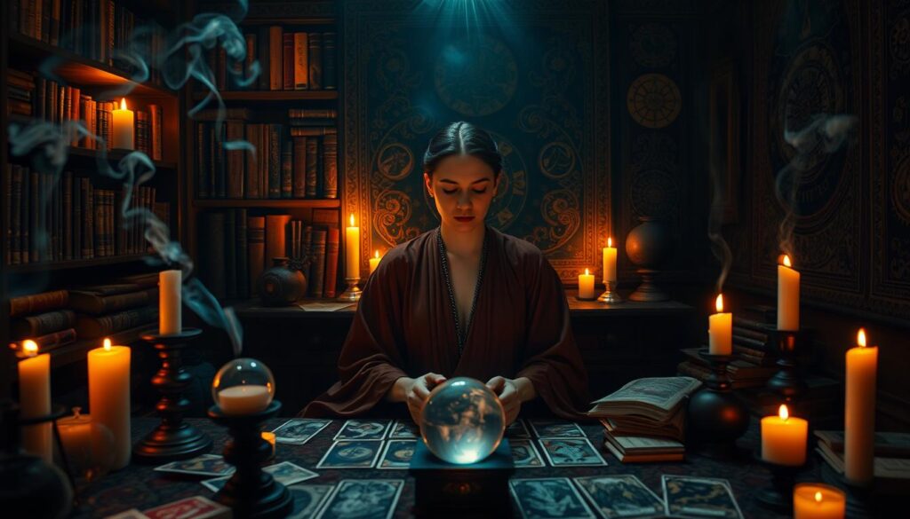 A dimly lit room, filled with the warm glow of candlelight and the mystique of crystal balls, tarot cards, and astrological charts. In the center, a tranquil fortune teller, clad in flowing robes, gazes into the future, her hands expertly navigating the intricate patterns of the cards. Wisps of incense drift through the air, creating an otherworldly atmosphere. The background is adorned with shelves of esoteric books, the walls covered in ornate tapestries and symbols of divination. A sense of deep contemplation and spiritual insight permeates the scene, hinting at the profound wisdom and insights the fortune teller can offer those seeking guidance for their future.