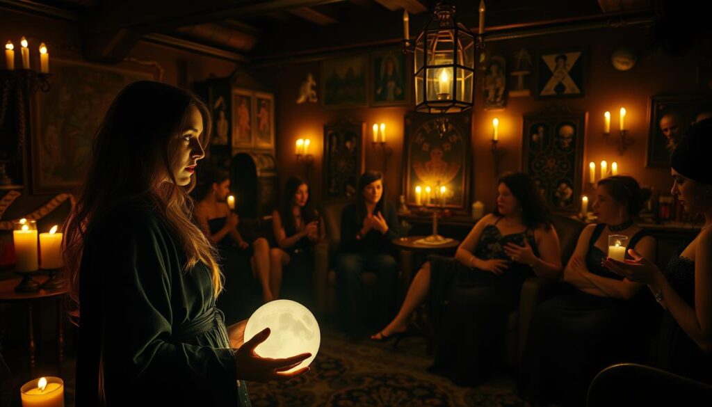 A dimly lit room filled with the warm glow of candlelight, where a group of mystical individuals gather for a clandestine networking event. In the foreground, a clairvoyant in flowing robes and a crystal ball captivates the audience, her gaze piercing through the shadows. In the middle ground, tarot card readers and astrologers exchange insights and ideas, their hands gesturing animatedly. The background reveals an array of exotic furnishings and occult paraphernalia, creating an atmosphere of intrigue and mysticism. The scene is captured through a vintage lens, giving it a timeless, ethereal quality, as the occupants of this enchanted space forge connections and build their professional network.