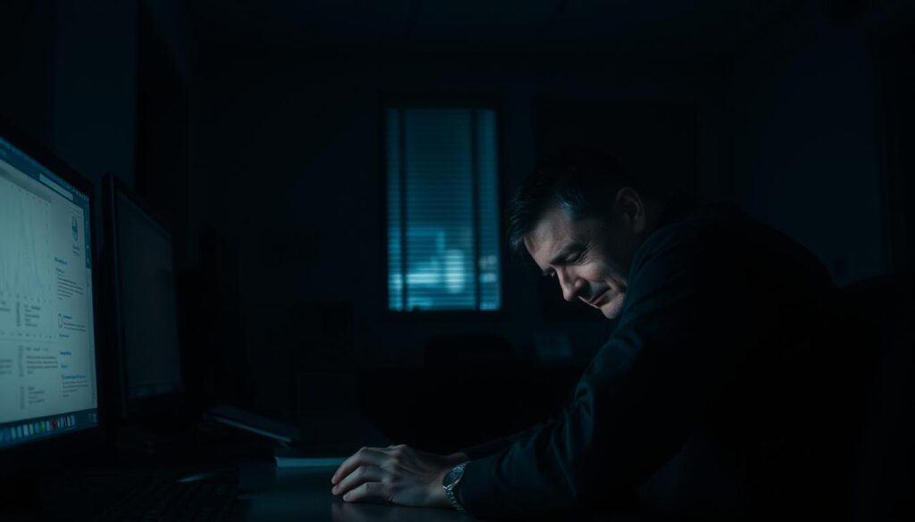 A dimly lit room, illuminated by the glow of a computer screen. A security guard sits hunched over, eyes strained, surrounded by the muted colors of night shift boredom. The atmosphere is heavy with the weight of endless hours, a sense of isolation permeating the scene. Shadows cast by the sparse office furniture create a moody, claustrophobic ambiance, emphasizing the solitary nature of the guard's task. The camera angle is low, capturing the guard's weary expression and the fatigue etched into his posture, conveying the physical and mental toll of long, monotonous shifts. The overall mood is one of exhaustion and the burden of constant vigilance, reflecting the challenges faced by security personnel working through the night.