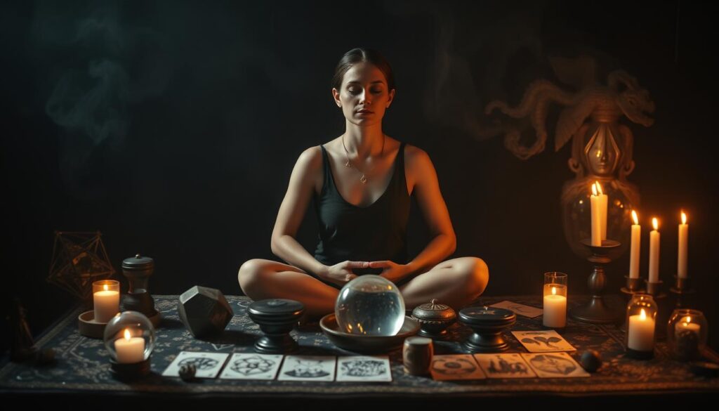 A dimly lit room, soft candlelight casting shadows across a table laden with mystical tools - crystal balls, tarot cards, runes, and incense. A serene, contemplative figure sits cross-legged, eyes closed, hands resting lightly on the table. An aura of wisdom and intuition emanates from this diviner, who possesses the keen senses and profound understanding needed to interpret the hidden messages of the universe. Ambient, ethereal textures fill the air, evoking a sense of the otherworldly and the arcane. This is the essence of the skilled and insightful fortune-teller, ready to guide those who seek clarity and guidance through the mysteries of life.