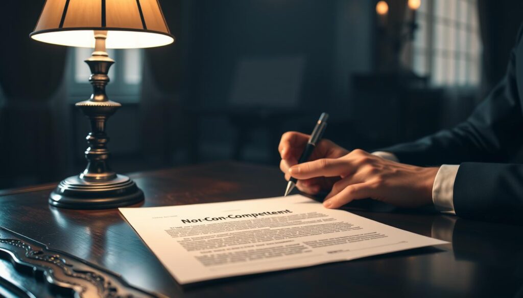 A dimly lit room, the air thick with tension. In the foreground, a crisp, official-looking document - a non-compete agreement - rests on an ornate wooden desk. The illumination from a single desk lamp casts dramatic shadows, heightening the sense of gravity. In the middle ground, a pair of hands, one grasping a pen, the other hovering over the page, as if contemplating the weight of the decision. The background is hazy, suggesting the blurred uncertainty of the future. The mood is somber, reflective, the viewer invited to consider the nuances and legal implications of such a binding contract.