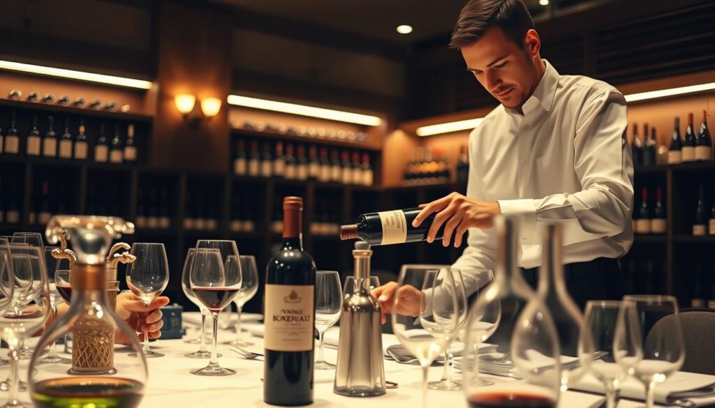 A dimly lit room, the air thick with the aroma of fine wines. A sommelier, dressed in a crisp white shirt and black trousers, meticulously inspects a bottle of vintage Bordeaux, studying its label and examining the color of the liquid. The table is adorned with a variety of glassware, decanters, and wine accessories, each positioned with precision. Soft lighting casts a warm, inviting glow, setting the stage for a refined and immersive wine tasting experience. The sommelier's expression is one of focus and expertise, as they prepare to guide their guests through the nuances of this prized vintage.