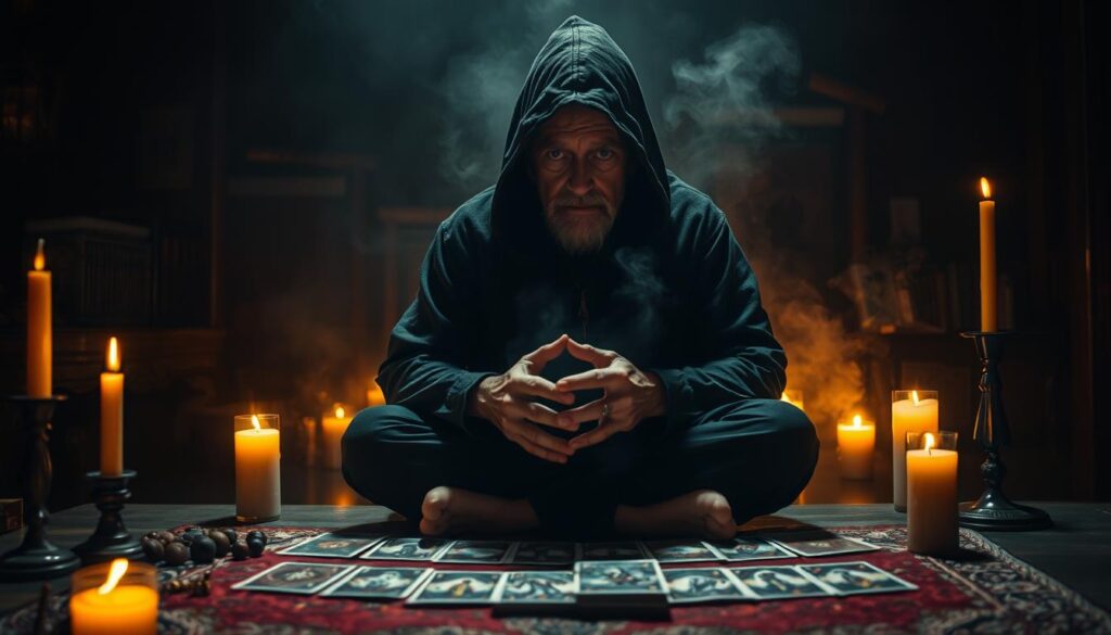 A dimly lit room, the air thick with the scent of incense and the flickering glow of candles. In the center, a hooded figure sits cross-legged at a table, hands hovering over a spread of tarot cards. Shadows cast across the weathered face, an enigmatic expression as the figure contemplates the potential risks and challenges of the mystic arts. The background a hazy mist, evoking a sense of the unknown and the unseen. Soft, warm lighting illuminates the scene, creating an atmosphere of introspection and unease. The camera angle slightly elevated, giving the viewer a sense of observing this private ritual from above, adding to the air of mystery and foreboding.