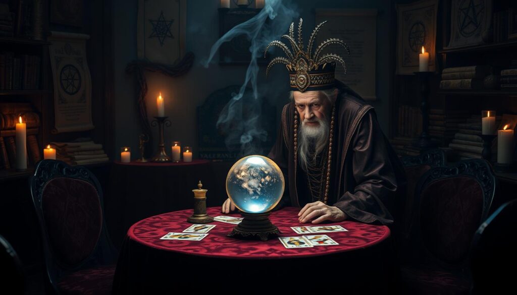 A dimly lit room, the air thick with the scent of incense. In the center, a table draped in rich, velvet fabrics, upon which rests an ornate crystal ball, its surface reflecting the flickering candlelight. An elderly fortune teller, clad in flowing robes and an intricate headdress, leans over the table, her wizened hands delicately moving tarot cards across the surface. Her gaze is intense, focused, as if she can peer into the very soul of the client seated before her. The walls are adorned with mystical symbols, ancient scrolls, and shelves of esoteric tomes. A sense of mystery and otherworldly power permeates the scene, conveying the essence of a skilled and established practitioner of the occult arts.