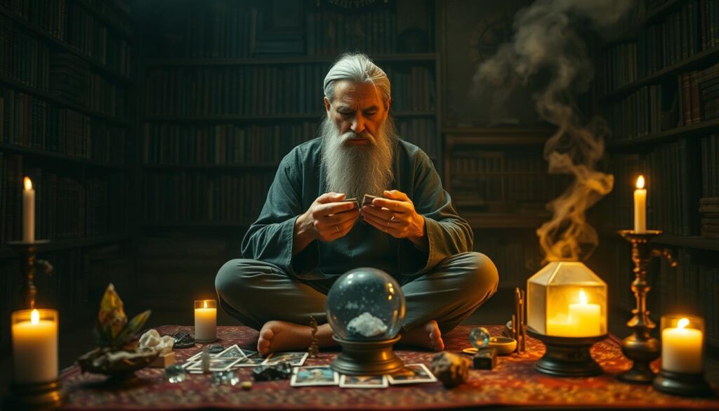 A dimly lit room, the air thick with the scent of incense. In the center, a wise and weathered fortune teller sits cross-legged, surrounded by an array of mystical artifacts - crystals, tarot cards, and a glowing crystal ball. The fortune teller's hands move with practiced grace, delicately shuffling the cards, their face a mask of deep concentration as they peer into the future. Soft candlelight casts flickering shadows, lending an air of mystery and intrigue to the scene. In the background, bookcases line the walls, filled with tomes on astrology, numerology, and the occult. This is the world of the professional fortune teller, a domain of ancient wisdom and hidden knowledge, where the veil between the seen and unseen is parted, revealing the secrets of the cosmos.