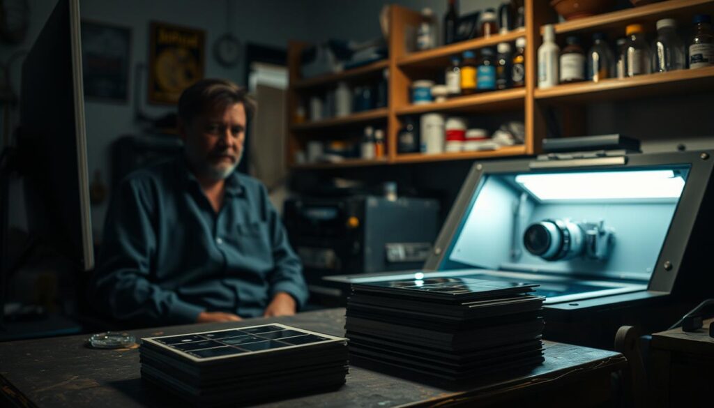 A dimly lit room, the soft glow of a computer screen illuminating the face of a focused photographer. In the foreground, a stack of film negatives sit on a weathered desk, the tools of the trade meticulously arranged. The middle ground reveals a photographic enlarger, its lens peering into the darkness, ready to capture the essence of each frame. In the background, shelves laden with chemicals and bottles hint at the alchemical process of developing film, a testament to the photographer's mastery of their craft. The overall mood is one of contemplation and quiet satisfaction, as the photographer takes pride in the skill and artistry required to bring their images to life.