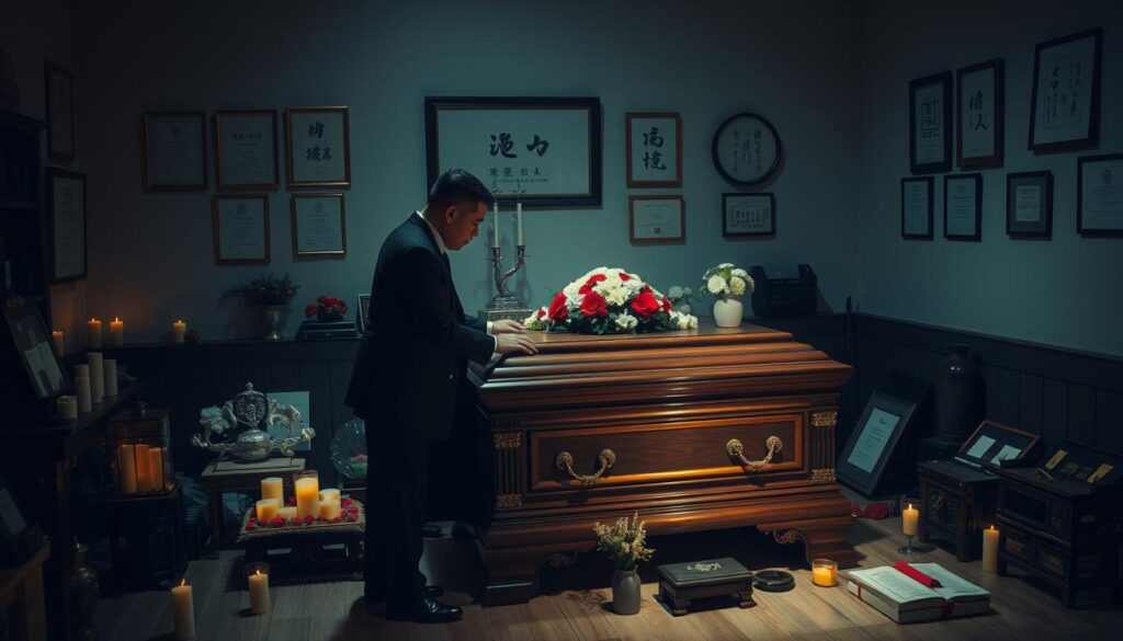 A dimly lit room with an ornate wooden casket in the center, surrounded by various funeral accessories such as candles, flowers, and traditional Japanese burial items. In the foreground, a well-dressed man, the mortician, carefully arranges the casket, his hands moving with precision and reverence. The walls are adorned with certificates and diplomas, hinting at his extensive training and expertise. Soft, warm lighting casts shadows that add depth and atmosphere to the scene, evoking the solemn and sacred nature of the mortician's work. The overall mood is one of quiet contemplation and professionalism, reflecting the importance of the mortician's role in the journey of the deceased.