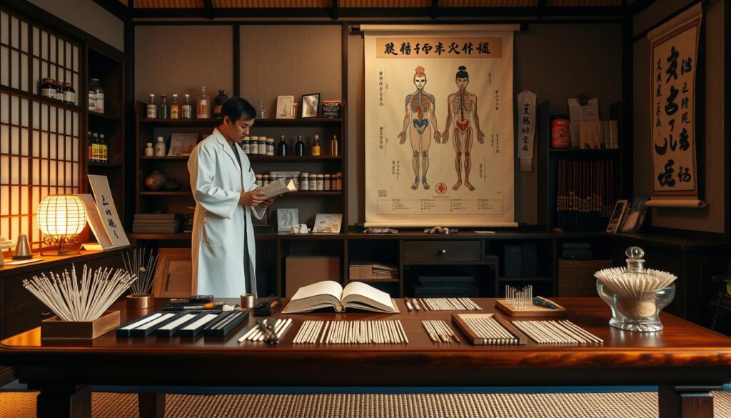 A dimly lit room with warm lighting, showcasing a traditional Japanese acupuncture and moxibustion practitioner's workspace. The foreground features an elegant wooden table with a neatly organized array of acupuncture needles, moxa sticks, and other traditional tools. In the middle ground, a figure in a pristine white medical robe stands, studying a book on acupuncture theory. The background is adorned with shelves displaying various Chinese herbal remedies, anatomical charts, and a calligraphic scroll depicting the meridian system. The overall atmosphere conveys a sense of tranquility, expertise, and the centuries-old tradition of this healing art.