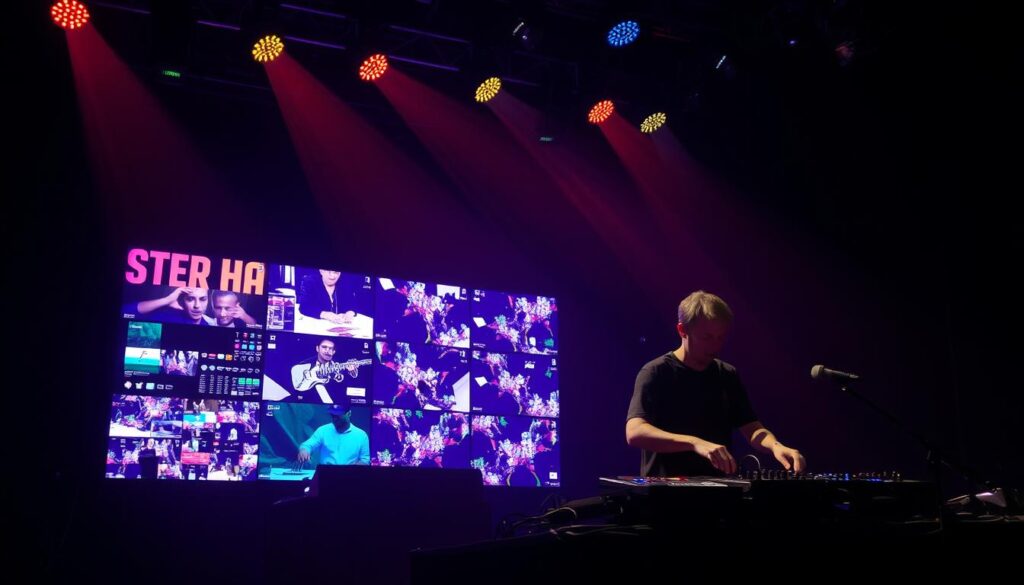 A dimly lit stage with a video jockey (VJ) and a DJ performing side by side. The VJ operates a bank of video screens, manipulating and mixing various video sources in real-time, creating a dynamic visual experience. The DJ stands before a state-of-the-art mixing console, skillfully blending and layering electronic music. Multicolored lights wash over the performers, casting an energetic, pulsing atmosphere. The scene conveys the distinct roles and responsibilities of a VJ and a DJ, showcasing their technical expertise and creative synergy in the world of live audiovisual performances.