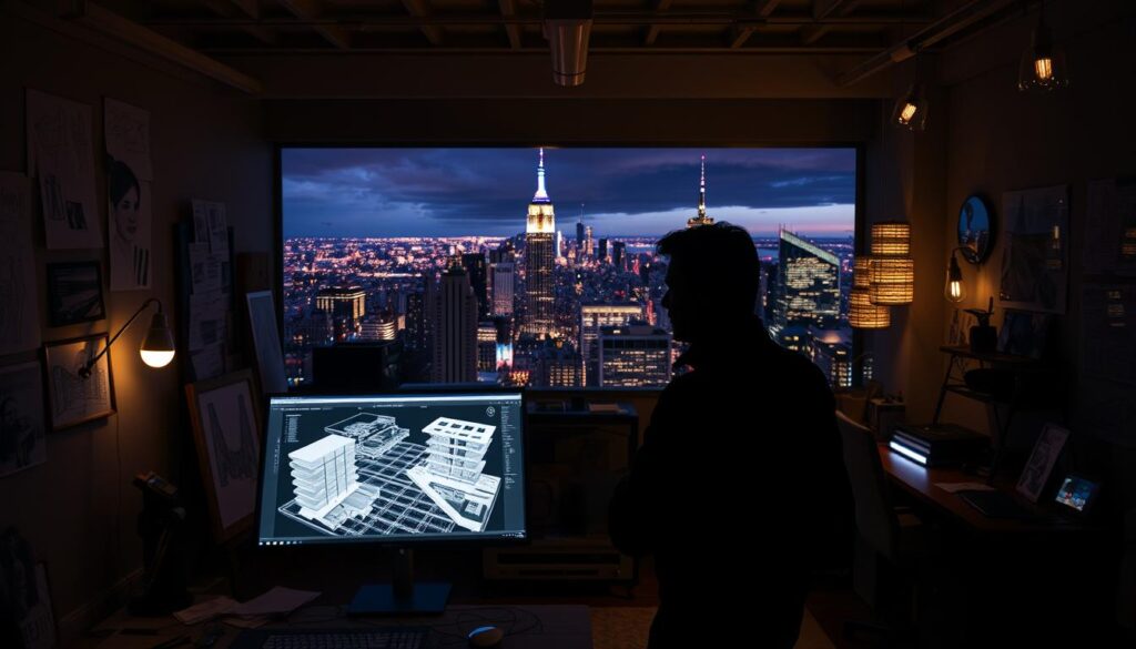 A dimly lit studio, walls adorned with sketches and mood boards. In the foreground, a lighting designer in a thoughtful pose, surrounded by an array of luminaires and fixtures, each one a testament to their creative vision. The middle ground showcases a 3D modeling software, rendering intricate lighting plans for commercial and residential spaces. In the background, a panoramic cityscape, the skyline punctuated by architectural marvels, each one illuminated by the designer's meticulously crafted lighting solutions. The atmosphere is one of contemplation, creativity, and a deep understanding of the power of light to transform and elevate the built environment.