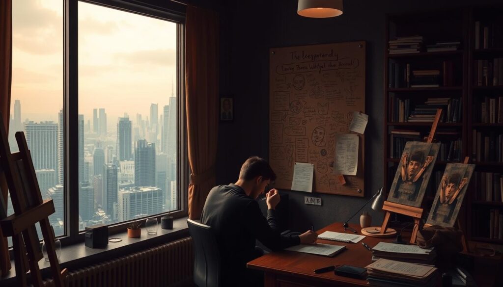 A dimly lit studio with a large window overlooking a bustling cityscape. A writer sits at a desk, deep in thought, pen in hand. Beside them, a corkboard filled with scribbled notes, character sketches, and plot outlines. Shelves line the walls, overflowing with books and reference materials. Warm, muted lighting casts a contemplative glow, while the city outside provides a glimpse of the creative inspiration that fuels the writer's craft. An easel in the corner holds a half-finished concept art piece, hinting at the collaborative nature of the game development process. The scene conveys the meticulous, cerebral work of a game scenario writer, balancing the demands of storytelling, world-building, and interactive design.