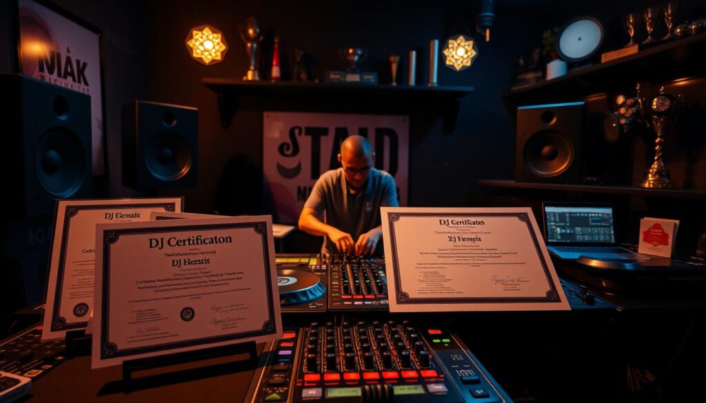 A dimly lit studio with professional audio equipment, including a state-of-the-art DJ mixer, turntables, and speakers. The foreground features various certifications and licenses related to DJing, such as a DJ certification from a renowned institution, displayed prominently on the desk. The middle ground showcases a talented DJ engrossed in their craft, their hands skillfully manipulating the controls, creating a captivating atmosphere. The background subtly hints at the DJ's accomplishments, with awards, trophies, and accolades adorning the shelves, conveying a sense of professionalism and expertise. The lighting is warm and inviting, casting a soft glow over the scene, evoking a sense of passion and dedication to the art of DJing.