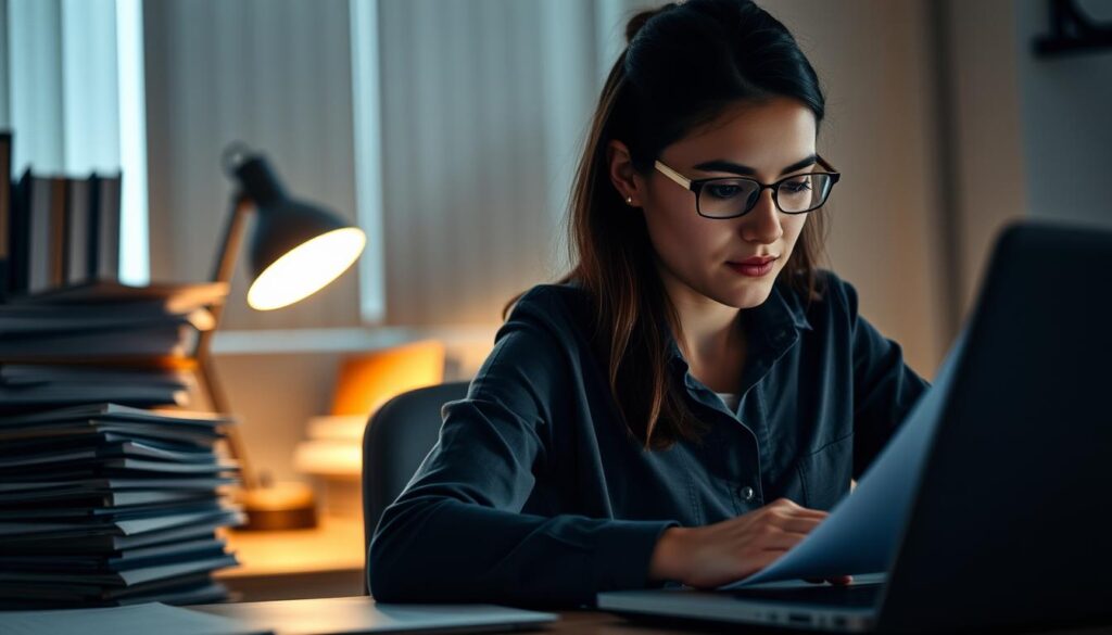 A dimly-lit university office, the desk neatly organized with stacks of files and a laptop, illuminated by a warm desk lamp. In the foreground, a university staff member, their face earnest and focused, diligently working on a report, their hands skillfully navigating the keyboard. The background is blurred, suggesting the employee's dedication and the quiet, studious atmosphere of the workplace. The lighting is soft, creating a contemplative mood, highlighting the staff member's competence and attention to detail. A sense of professionalism and attention to duty emanates from the scene, capturing the essential abilities required of a successful university administrator.