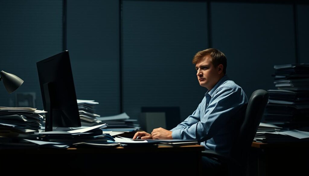 A dimly lit university office, with a frustrated university staff member sitting at a cluttered desk, surrounded by stacks of paperwork and a computer screen displaying complex budgets. The employee's expression conveys the weight of administrative burdens, long hours, and the challenge of balancing bureaucratic tasks with student needs. The background is a hazy, corporate-like atmosphere, suggesting the impersonal nature of the role. Muted colors and shadows create a sense of monotony and stress, reflecting the potential downsides of a university staff position.