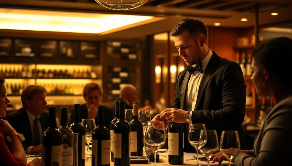 A dimly lit, upscale restaurant interior with a focus on a central table showcasing an array of wine bottles, glasses, and a sommelier in a crisp, formal uniform intently discussing the selection with a group of patrons. The scene is bathed in warm, golden lighting that casts a cozy, intimate atmosphere. The background features a well-stocked wine cellar and subtle hints of elegant decor, suggesting an establishment where connoisseurs gather to appreciate the art of fine wine. The sommelier's posture and expression convey a deep knowledge and passion for their craft, ready to guide the guests on a flavorful journey.