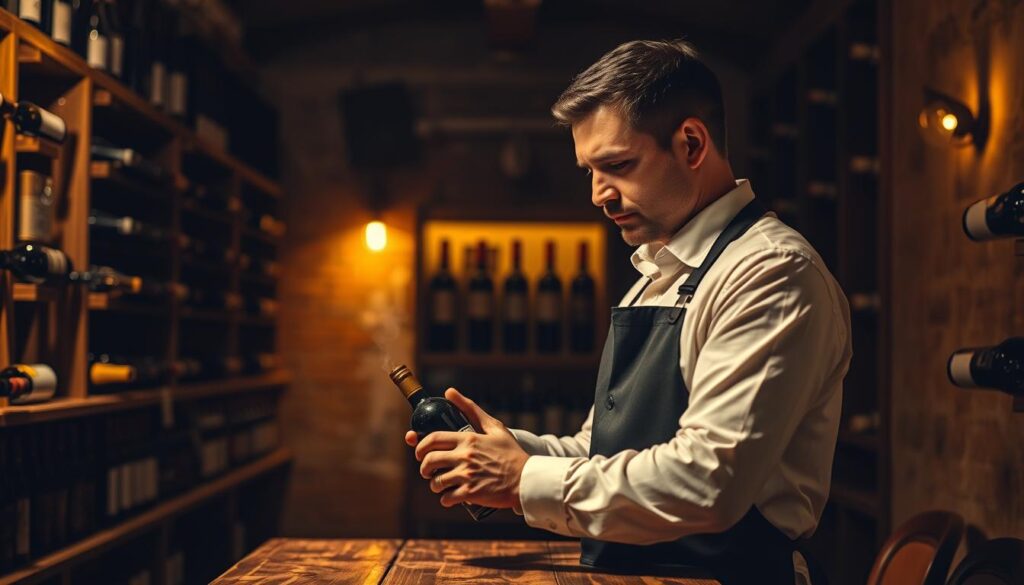 A dimly lit wine cellar, its shelves lined with bottles of varying shapes and sizes. A sommelier, dressed in a crisp white shirt and black apron, stands before an aged wooden table, thoughtfully examining the label of a rare vintage. The room is bathed in a warm, amber glow, casting shadows that dance across the weathered walls. Soft jazz music plays in the background, creating an atmosphere of quiet contemplation. The sommelier's face is focused, their expression one of deep understanding and appreciation for the complexities of the wine before them. This is the career path of a true connoisseur, a journey of dedication, knowledge, and the pursuit of the perfect pairing.