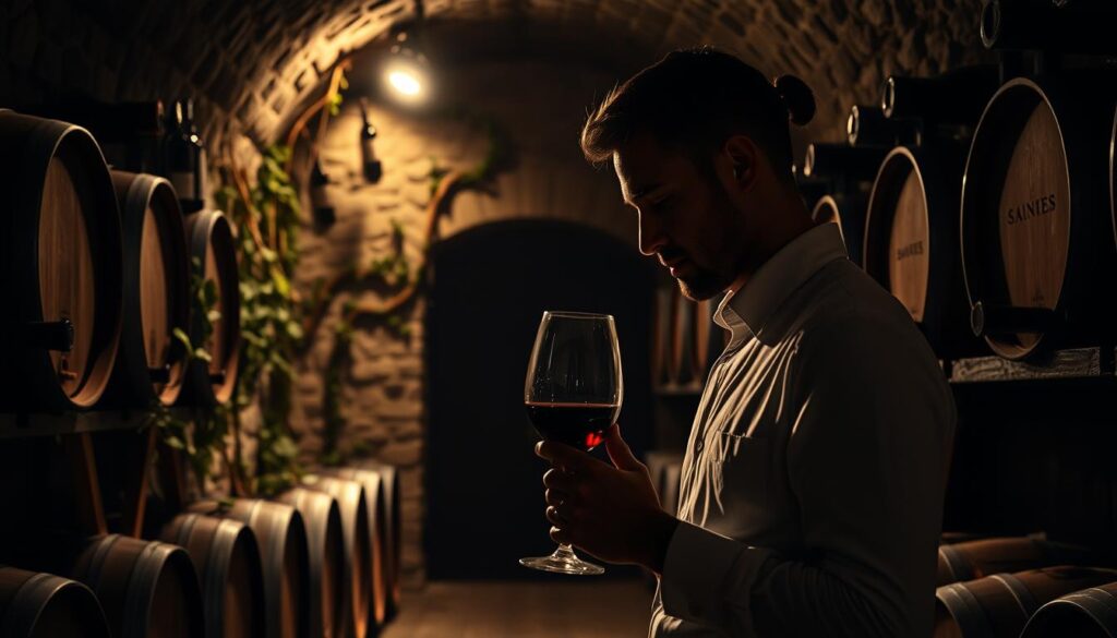 A dimly lit wine cellar with rows of oak barrels and bottles lining the shelves. A single spotlight illuminates a sommelier carefully examining a glass of red wine, their expression one of deep contemplation. In the background, vines creep up the stone walls, casting intricate shadows. The scene conveys a sense of tradition, expertise, and the rich potential of the wine industry. Soft, warm lighting creates an inviting, almost mystical atmosphere, hinting at the depths and complexities that await those who pursue the path of the sommelier.