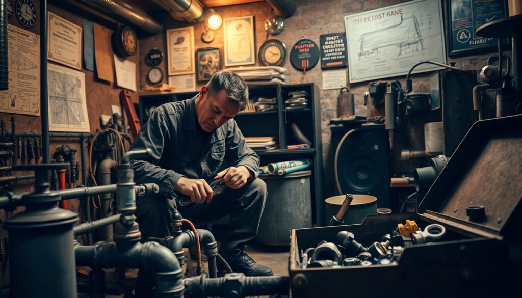 A dimly lit workshop filled with the rustic charm of a professional plumber's domain. In the foreground, a skilled tradesman in a well-worn jumpsuit crouches over a complex network of pipes, his calloused hands deftly manipulating wrenches and fittings. The middle ground reveals an array of specialized tools - pipe cutters, soldering irons, and a weathered toolbox overflowing with components. In the background, the walls are adorned with blueprints, certificates, and weathered signage, conveying a sense of expertise and experience. Warm, focused lighting illuminates the scene, casting dramatic shadows and highlighting the intricate details of the plumber's work. An atmosphere of hard-earned professionalism and quiet dedication permeates the space, showcasing the unsung allure of this essential trade.