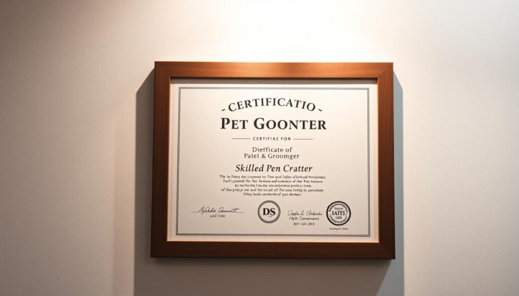 A diploma or certificate proudly displayed on the wall, showcasing the credentials of a skilled pet groomer. The document is framed with a clean, modern design, illuminated by soft, diffused lighting casting gentle shadows. The background is a minimalist, serene office or salon setting, hinting at the professional environment where this certification is earned and utilized. The composition emphasizes the importance of formal training and qualifications in the grooming industry, conveying a sense of expertise and dedication.