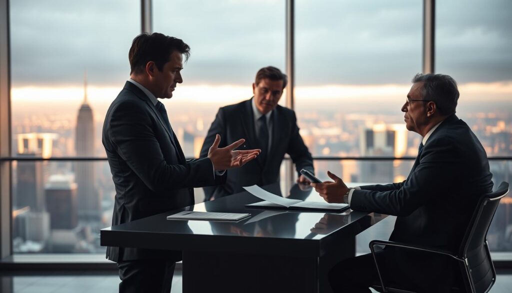 A director negotiating their salary in a professional office setting. The foreground shows the director, dressed in a sharp suit, engaged in a tense discussion with a business executive across a sleek, modern desk. The middle ground features a floor-to-ceiling window overlooking a bustling city skyline, casting a warm, golden light across the scene. The background is softly blurred, creating a sense of depth and focus on the negotiation. The director's body language conveys confidence and assertiveness, while the executive appears slightly uneasy. The lighting is dramatic, with shadows and highlights emphasizing the gravity of the situation. The overall atmosphere is one of high-stakes decision-making and professional negotiation.