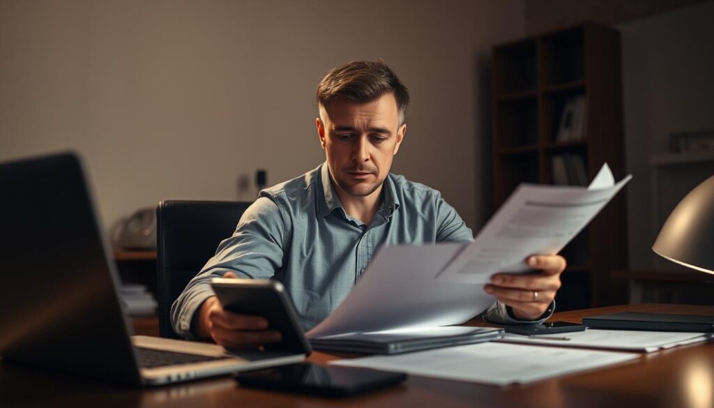 A discreet individual sits at a desk, meticulously reviewing documents and digital devices, their expression one of careful contemplation. The lighting is soft and warm, casting a pensive glow over the scene. In the background, the room is sparsely decorated, with minimal clues to the person's identity or profession. The angle is slightly elevated, giving a sense of detachment and privacy to the moment. The mood is one of quiet concentration, as the person prepares for a transition in their career, mindful of maintaining discretion throughout the process.