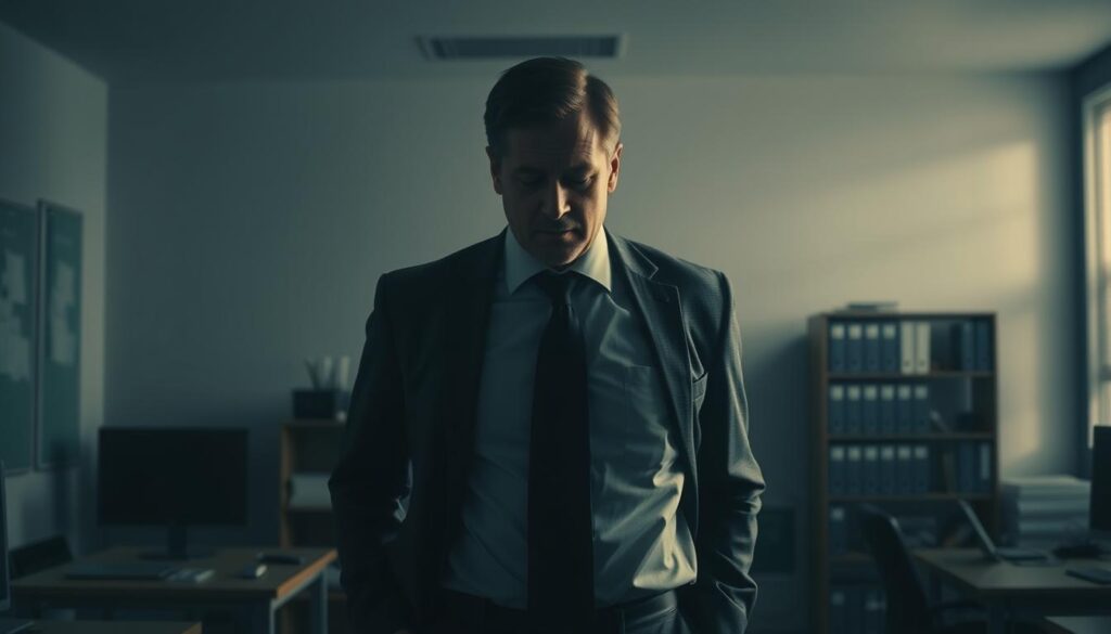 A disillusioned businessman standing in a dimly lit office, his shoulders slumped in resignation. The once-vibrant startup energy has faded, replaced by the monotony and bureaucracy of a corporate environment. The sparse, impersonal decor reflects the lack of autonomy and the constraints of a large organization. Diffuse, moody lighting casts long shadows, creating a sense of isolation and disillusionment. The man's pensive gaze suggests the weight of his decision to leave the exciting but uncertain world of the startup for the stability and structure of a traditional corporate role, a choice he now questions.
