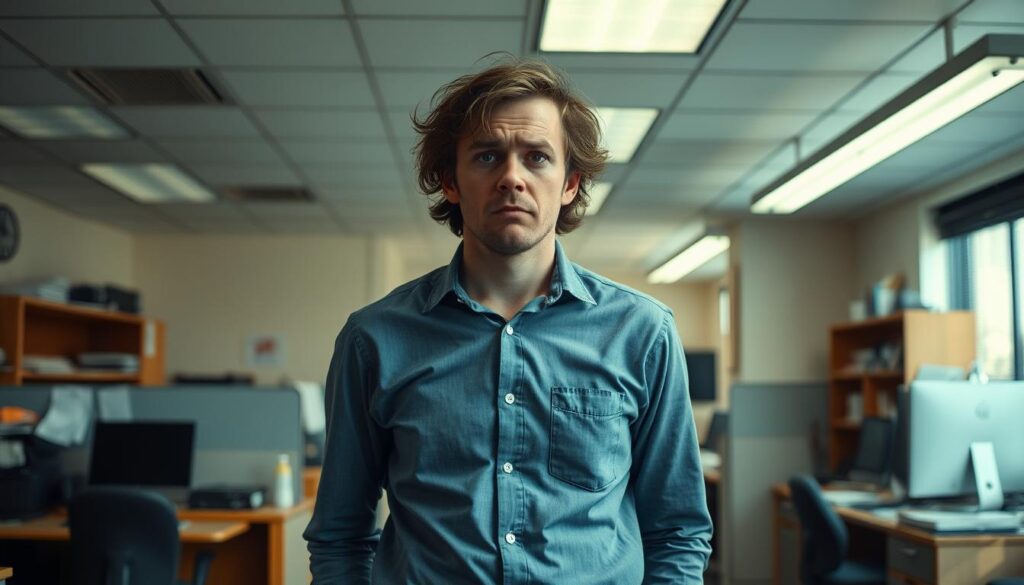 A disorganized, unfocused individual standing aimlessly in an unwelcoming university office setting. Harsh fluorescent lighting casts unflattering shadows, while cluttered desks and outdated technology create a sense of disarray. The person's body language exudes anxiety and uncertainty, their expression conveying a lack of confidence and adaptability required for such a role. The background is a bland, institutional environment, devoid of warmth or personality - a clear mismatch for this misfit candidate. An overall atmosphere of incompatibility, highlighting the challenges someone unsuited for university administration might face.