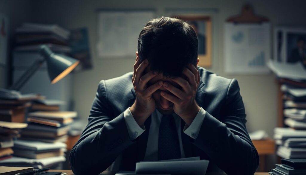 A distressed businessman, head in hands, sits alone at a desk, the weight of his decision to decline a job offer heavy on his shoulders. Soft, muted lighting casts a somber mood, while the cluttered office space around him feels claustrophobic, reflecting the internal turmoil he faces. Shadows linger in the corners, hinting at the complex emotions and difficult conversations to come. A sense of regret and uncertainty permeates the scene, as the man grapples with the implications of his choice to walk away from a promising opportunity.