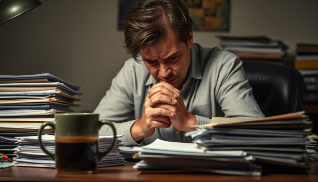 A distressed therapist seated at a cluttered desk, their expression tense and weary. The foreground is dimly lit, with a stack of patient files and a half-empty mug of coffee. In the middle ground, the therapist's hands are clasped, a palpable sense of the emotional toll their work takes. The background is hazy, suggesting the ever-growing demands and long hours that characterize the therapist's challenging profession. The scene conveys the overwhelming responsibilities, emotional strain, and relentless pace that therapists face in their daily practice, capturing the essence of the "great difficulty" of their work.