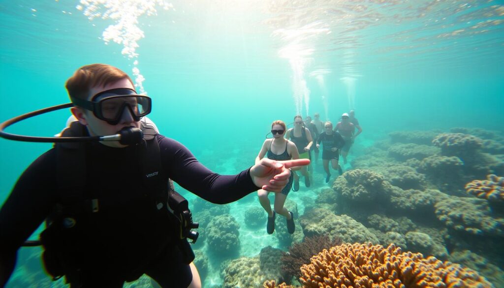 A diver, clad in a wetsuit and scuba gear, leading a group of tourists on an underwater exploration of a vibrant coral reef. The guide navigates the group through the serene, turquoise waters, pointing out colorful marine life and unique geological formations. Sunlight filters through the surface, casting a warm glow and creating dynamic shadows. The group follows closely, their faces filled with wonder and excitement as they discover the wonders of the underwater world. The scene conveys a sense of adventure, discovery, and the expertise of the experienced tour guide leading the way.