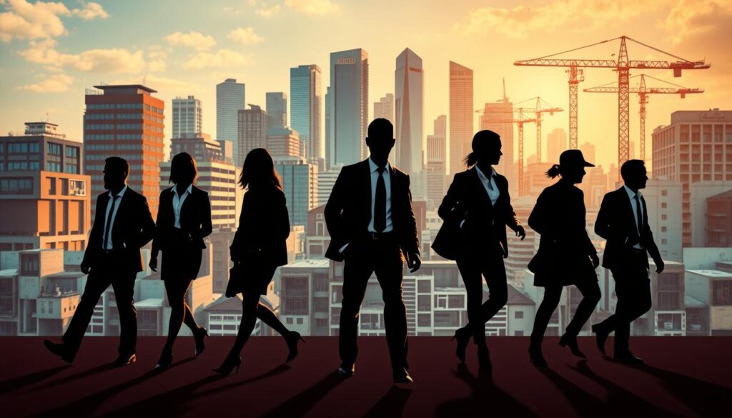 A diverse array of career paths for a construction consultant, showcased against a vibrant, architectural backdrop. In the foreground, figures representing different roles - from project manager to urban planner, civil engineer to sustainability expert - stride confidently, their varied silhouettes mirroring the multifaceted nature of the profession. The middle ground features a mosaic of modern buildings, their sleek lines and angular forms creating an dynamic, urban environment. In the background, a skyline of towering skyscrapers and cranes, symbolizing the boundless opportunities for growth and advancement within the construction industry. Warm, directional lighting illuminates the scene, casting dramatic shadows and conveying a sense of ambition and possibility.