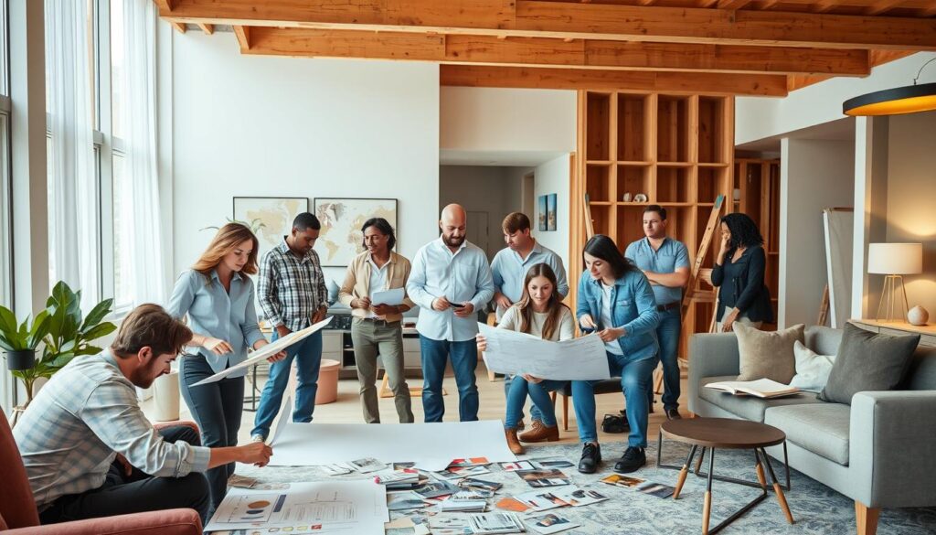 A diverse array of interior-related professionals working in harmony, captured in a dynamic composition. In the foreground, an interior designer reviews floor plans with a client, while a skilled carpenter and a team of contractors collaborate on custom furnishings. In the middle ground, a color consultant analyzes paint swatches, and a lighting specialist adjusts the ambiance. In the background, an architect oversees the construction of a modern residential space, and a feng shui expert advises on the optimal furniture placement. This vibrant scene showcases the interdisciplinary nature of the interior design industry, where various specialists come together to create functional and visually stunning living environments.