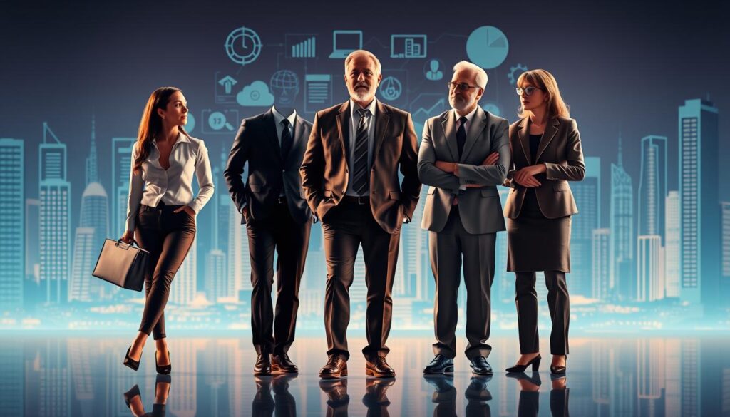 A diverse group of career-driven individuals, each at a different stage of their professional journey, stands against a backdrop of a stylized corporate landscape. In the foreground, a young, ambitious professional strides confidently, briefcase in hand, symbolizing the start of their career. In the middle ground, a seasoned executive contemplates their next strategic move, surrounded by data visualizations and virtual interfaces. In the background, a senior-level advisor offers guidance to a mid-career professional, their experience and wisdom embodied in the scene. Warm, directional lighting illuminates the figures, creating a sense of depth and emphasizing the nuances of each individual's career path. The overall composition conveys the multifaceted nature of career strategies across different life stages, reflecting the section's focus on "年代別のキャリア戦略".