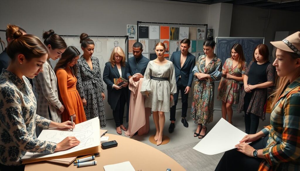 A diverse group of fashion designers, each with their unique style and expertise, gathered in a modern studio setting. In the foreground, a talented ready-to-wear designer sketches intricate garment designs, while a couture specialist drapes luxurious fabrics on a fit model. In the middle ground, a streetwear designer experiments with bold graphics and unconventional silhouettes, while a sustainable fashion expert meticulously selects eco-friendly materials. In the background, a stylist curates a mood board, and a textile designer showcases vibrant patterns. Soft, directional lighting illuminates the scene, capturing the creative energy and passion of these fashion visionaries.