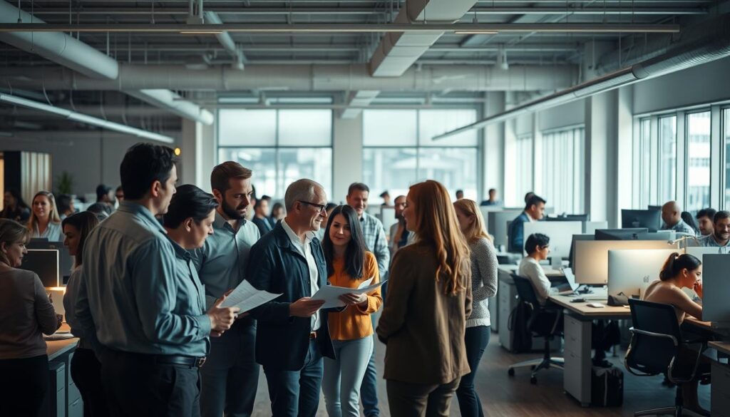 A diverse group of individuals, including office workers, blue-collar employees, and self-employed professionals, gathered in a well-lit, modern office setting. The scene is captured with a wide-angle lens, showcasing the open floor plan and various workstations. Soft, diffused lighting illuminates the scene, creating a warm and inviting atmosphere. In the foreground, a group of people are engaged in discussion, gesturing and reviewing documents, while others are at their desks, focused on their tasks. The middle ground features a mix of cubicles, desks, and collaborative work areas, reflecting the diverse nature of the workplace. The background includes large windows, allowing natural light to flood the space and creating a sense of openness and transparency.