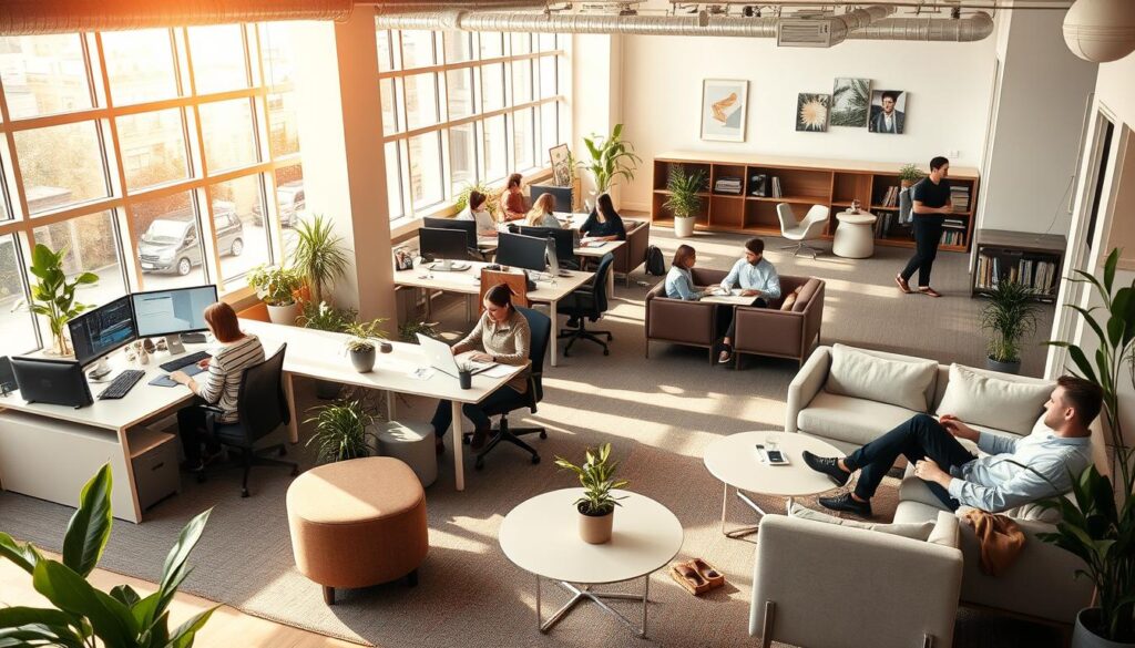 A diverse office environment with employees working in a variety of setups - some at desks, others in cozy lounge areas, a few collaborating in small groups. Warm, natural lighting filters through large windows, creating a relaxed, productive atmosphere. The space is designed with a balance of private and shared zones, encouraging both focused work and casual interactions. Sleek, minimalist furniture in muted tones complement the modern, airy aesthetic. Potted plants and wall art add pops of color, reflecting a emphasis on employee well-being and work-life balance. An inclusive, adaptable workspace that caters to the evolving needs of a dynamic workforce.