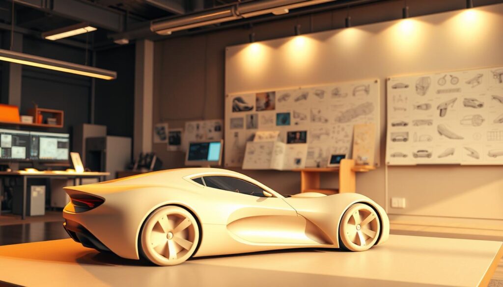 A dynamic 3D automotive design studio, bathed in warm, directional lighting. In the foreground, a sleek clay model of a concept car, its organic curves and contours subtly emphasized. In the middle ground, a workstation with CAD software, digital sketches, and a designer's tablet, showcasing the blend of traditional and digital techniques. In the background, an expansive whiteboard filled with technical drawings, color studies, and inspiration references, reflecting the multifaceted skillset required. The atmosphere is one of focus, creativity, and a deep understanding of aerodynamics, proportion, and material properties - the essential ingredients for crafting a visually striking and functionally optimized automobile design.