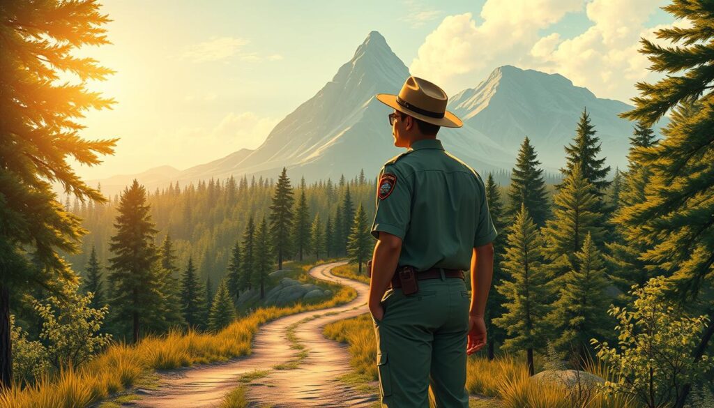 A dynamic and aspirational career path for a park ranger, captured in a detailed, cinematic illustration. In the foreground, a ranger in uniform stands confidently, gazing into the distance as they contemplate the next steps in their professional journey. The middle ground reveals a winding trail leading through a lush, verdant landscape, representing the diverse responsibilities and experiences that await the ranger. In the background, a towering mountain range symbolizes the ambitious goals and challenges that the ranger will strive to overcome. The scene is illuminated by warm, golden sunlight filtering through the trees, creating a sense of hope and opportunity. The composition is balanced, with a focus on the ranger's contemplative pose, conveying a sense of determination and purpose.