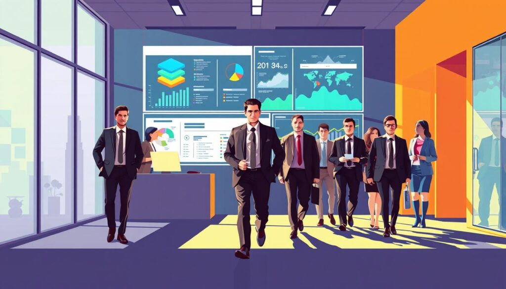 A dynamic and detailed illustration showcasing the career path of a technical director in the sports industry. Set in a vibrant, modernist office environment, the scene depicts a professional in a tailored suit striding purposefully through the space, surrounded by a team of dedicated colleagues. The lighting is crisp and directional, casting dramatic shadows that accentuate the sense of movement and purpose. In the background, a large display screen projects visualizations and data analytics, reflecting the technical director's role in guiding strategic decision-making. The overall composition conveys the challenges, responsibilities, and high-level expertise required to succeed in this specialized field.