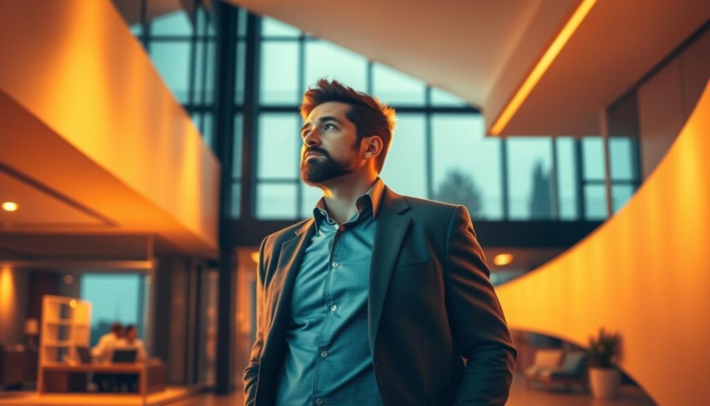 A dynamic and determined individual stands at a crossroads, contemplating their next career move. The scene is illuminated by a warm, golden light, casting a thoughtful glow on their face as they weigh their options. In the background, a sleek, modern office setting suggests the potential opportunities awaiting. Subtle architectural elements and abstract shapes create a sense of depth and sophistication, hinting at the strategic considerations involved in a successful career transition. The overall mood is one of anticipation and possibility, reflecting the determination to forge a new path and the challenges that come with it.
