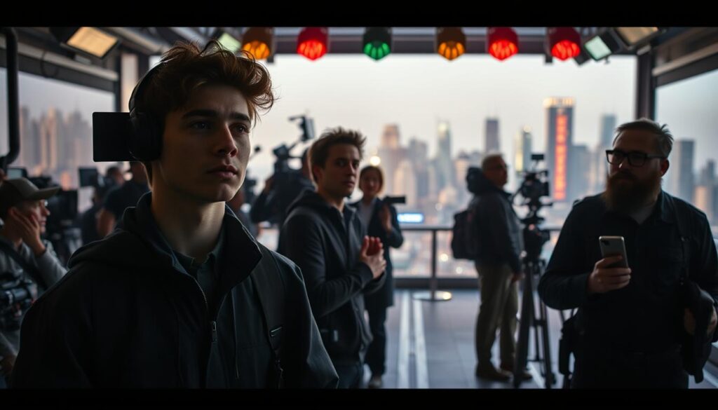 A dynamic and evolving career path for an assistant director, captured in a cinematic wide-angle frame. In the foreground, a young, focused individual navigates a bustling film set, observing the director's commands with rapt attention. The middle ground reveals a series of progression steps - from managing production logistics to collaborating on creative decisions, gradually ascending the hierarchy. The background showcases a vibrant, city skyline, hinting at the broader industry opportunities awaiting the skilled assistant director. Dramatic lighting casts dramatic shadows, conveying the high-stakes nature of the role. The scene exudes a sense of momentum, ambition, and the relentless pursuit of one's creative aspirations.