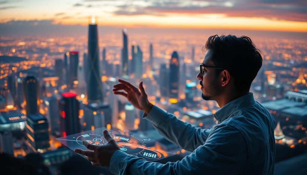 A dynamic and forward-looking landscape depicting the future of design. In the foreground, a designer immersed in a holographic workspace, seamlessly manipulating digital elements with hand gestures. The middle ground showcases a vibrant, futuristic cityscape, with skyscrapers adorned in innovative architectural designs. In the background, a vast expanse of luminescent, data-driven landscapes, hinting at the integration of technology and creativity. The scene is bathed in a warm, ambient glow, conveying a sense of optimism and boundless potential for the design profession. Precise lighting, depth of field, and cinematic angles emphasize the visionary nature of this future vision.