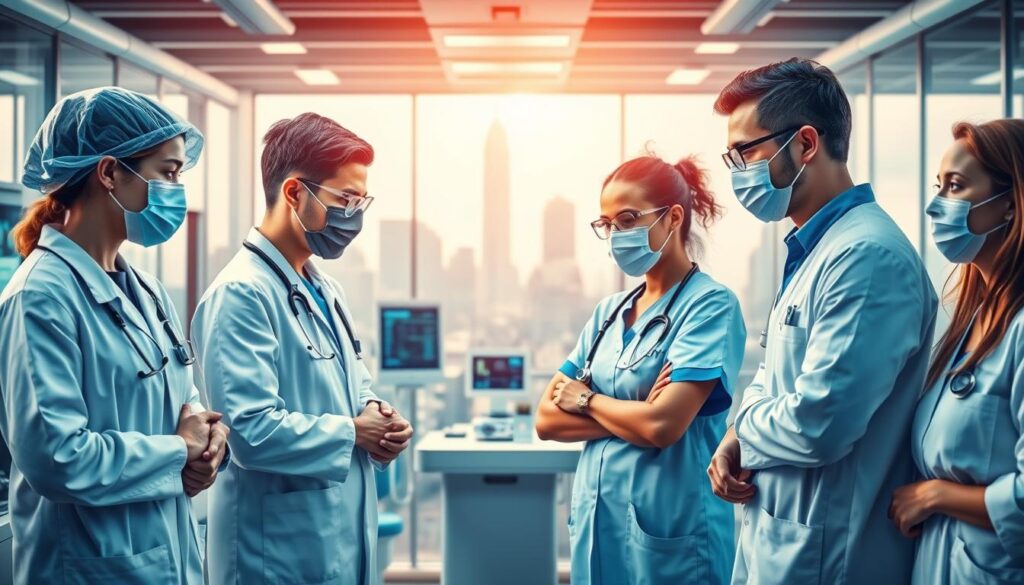 A dynamic and forward-looking scene depicting the demands and future potential of the co-medical field. In the foreground, a team of diverse healthcare professionals - doctors, nurses, technicians, and therapists - collaborating with a sense of purpose and dedication. Soft, warm lighting casts an air of professionalism and innovation. In the middle ground, cutting-edge medical equipment and technology symbolize the rapid advancements in the industry. The background features a cityscape, hinting at the growing urban healthcare infrastructure and the expanding opportunities for co-medical professionals. An atmosphere of progress, innovation, and fulfillment pervades the scene, capturing the essence of the "needs and future potential" of the co-medical field.