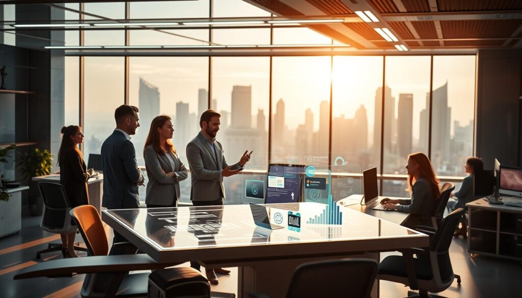 A dynamic and innovative future office environment, bathed in warm, natural lighting and showcasing the evolving role of the commissioner. In the foreground, a commissioner collaborates with a diverse team, discussing strategies and concepts on a state-of-the-art holographic display. The middle ground features ergonomic workstations and cutting-edge technological tools, highlighting the commissioner's embrace of digital transformation. In the background, an expansive skyline with gleaming skyscrapers symbolizes the commissioner's influence and the growing importance of their position in the modern business landscape. The overall atmosphere conveys a sense of progress, collaboration, and the commissioner's pivotal role in shaping the future of the industry.