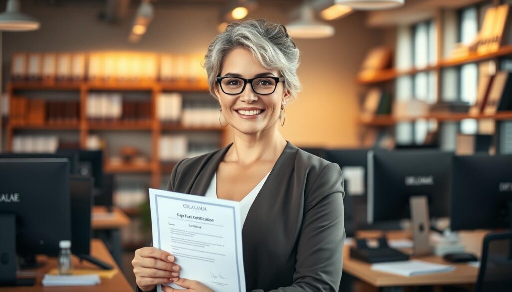 A dynamic and professional-looking woman standing in a modern office environment, confidently holding a document representing her qualifications. The scene is bathed in warm, natural lighting, with a blurred background of office desks, computer screens, and shelves filled with books and diplomas, suggesting an atmosphere of success and growth. The woman's expression conveys a sense of determination and the knowledge that her expertise and certification will give her a distinct advantage in her next career move. The overall composition and mood evoke the idea that the right credentials can significantly improve one's job prospects, especially for those reentering the workforce in their 50s.