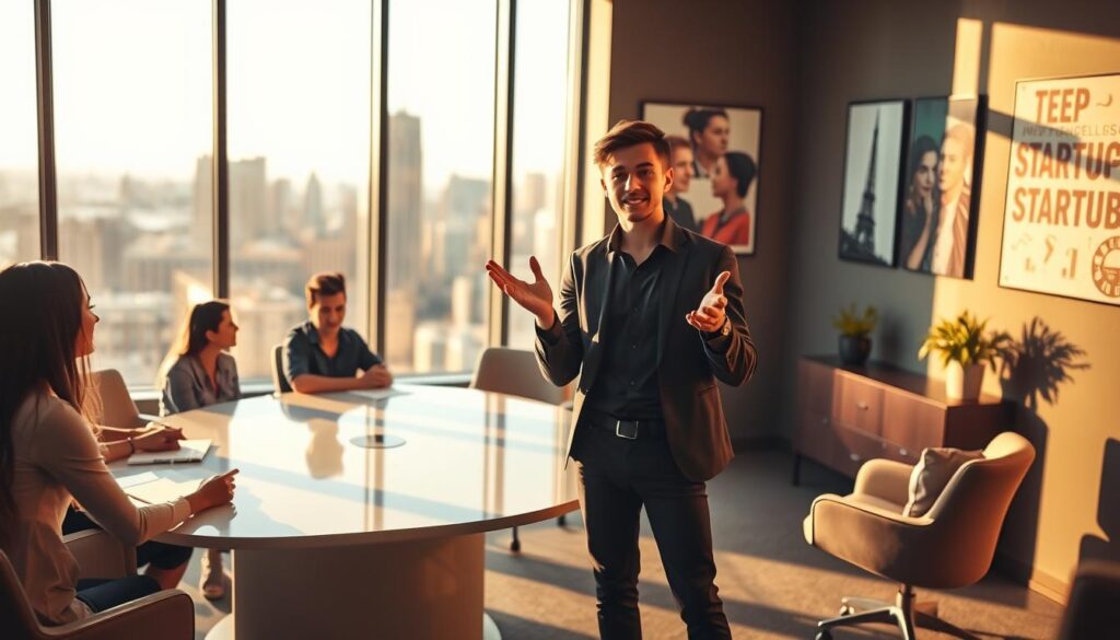 A dynamic and vibrant office scene, with a young professional standing confidently in the foreground, presenting to a group of colleagues gathered around a sleek, modern conference table. The lighting is warm and natural, with subtle shadows casting a sense of depth and dimension. The walls are adorned with inspirational startup-themed artwork, and the overall atmosphere conveys a creative, innovative, and collaborative work environment. In the background, a large window offers a glimpse of the bustling city skyline, hinting at the fast-paced, ambitious nature of the venture. The figure in the foreground gestures enthusiastically, showcasing their experience and expertise in an engaging, persuasive manner.
